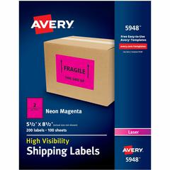 Avery&reg; Neon Shipping Labels, 5-1/2" x 8-1/2" , 200 Labels (5948) - 5 1/2" Width x 8 1/2" Length - Permanent Adhesive - Rectangle - Laser - Neon Magenta - Paper - 2 / Sheet - 100 Total Sheets - 200