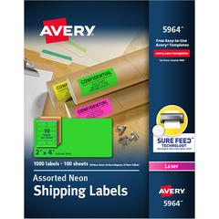 Avery&reg; 2"x 4" Neon Shipping Labels with Sure Feed, 1,000 Labels (5964) - 2" Width x 4" Length - Permanent Adhesive - Rectangle - Laser - Neon Magenta, Neon Green, Neon Yellow - Paper - 10 / Sheet 