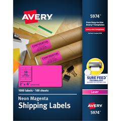 Avery&reg; 2" x 4" Neon Shipping Labels with Sure Feed, 1,000 Labels (5974) - 2" Width x 4" Length - Permanent Adhesive - Rectangle - Laser - Neon Magenta - Paper - 10 / Sheet - 100 Total Sheets - 100