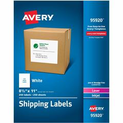 Avery&reg; Shipping Address Labels, 250 Labels, Full Sheet Labels, Permanent (95920) - 8 1/2" Width x 11" Length - Permanent Adhesive - Rectangle - Laser, Inkjet - White - Paper - 1 / Sheet - 250 Tota