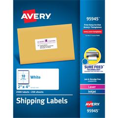 Avery&reg; Shipping Labels, Sure Feed, 2"x4" , 2500 Glossy Labels (95945) - 2" Width x 4" Length - Permanent Adhesive - Rectangle - Laser, Inkjet - White - Paper - 10 / Sheet - 250 Total Sheets - 2500
