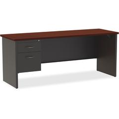 Lorell Fortress Modular Series Left-pedestal Credenza - 72" x 24" , 1.1" Top - 2 x Box, File Drawer(s) - Single Pedestal on Left Side - Material: Steel - Finish: Mahogany Laminate, Charcoal - Scratch 