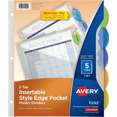 Avery&reg; Insertble Style Edge Plastic Pocket Dividers - 5 x Divider(s) - 5 - 5 Tab(s)/Set - 9.3" Divider Width x 11.25" Divider Length - 3 Hole Punched - Translucent Plastic Divider - Multicolor Pla