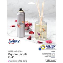 Avery&reg; Sure Feed Glossy Labels - 2" Width x 2" Length - Permanent Adhesive - Square - Laser, Inkjet - Crystal Clear - Film - 12 / Sheet - 10 Total Sheets - 120 Total Label(s) - 120 / Pack