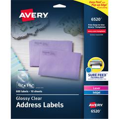Avery&reg; Easy Peel High Gloss Clear Mailing Labels - 2/3" Width x 1 3/4" Length - Permanent Adhesive - Rectangle - Inkjet, Laser - Glossy - Clear - Film - 60 / Sheet - 10 Total Sheets - 600 Total La