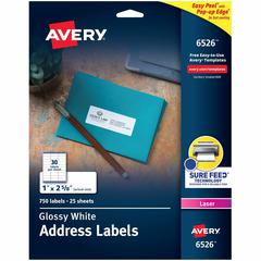 Avery&reg; Address Labels, Glossy White, 1" x 2-5/8" , 750 Total (6526) - 1" Width x 2 5/8" Length - Permanent Adhesive - Rectangle - Laser - White - Paper - 30 / Sheet - 25 Total Sheets - 750 Total L