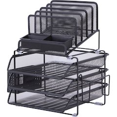 Lorell Divided 4-tier Desktop Organizer - 4 Tier(s) - 15.8" Height x 12.9" Width x 14.4" DepthDesktop - Black - Plastic, Mesh - 1 Each