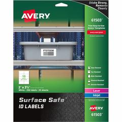 Avery&reg; Surface Safe ID Label - 2" Width x 3 1/2" Length - Removable Adhesive - Rectangle - Laser, Inkjet - White - Film - 10 / Sheet - 25 Total Sheets - 250 Total Label(s) - 5 - Water Resistant