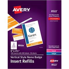 Avery&reg; Vertical Name Badge and Ticket Insertsfor Laser and Inkjet Printers - 1 / Box - 4.3" Width - Rectangular Shape - Printable, Insertable, Printable, Easy to Use, Laminated, Micro Perforated, 