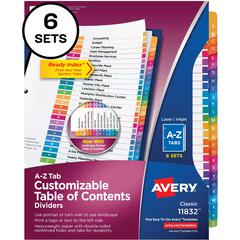 Avery&reg; A-Z Customizable Multicolor TOC Dividers - 156 x Divider(s) - A-Z, Table of Contents - 26 Tab(s)/Set - 8.5" Divider Width x 11" Divider Length - 3 Hole Punched - White Paper Divider - Multi