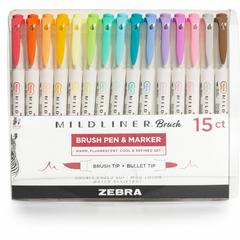 Zebra MILDLINER Dual Ended Brush Pen & Marker Set - Assorted Ink - Pigment-based - White Barrel - 15 / Pack
