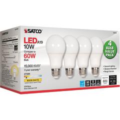 Satco 10W A19 LED 2700K Frosted Bulbs - 10 W - 60 W Incandescent Equivalent Wattage - 120 V AC - 800 lm - A19 Size - Warm White Light Color - E26 Base - 15000 Hour - 4400.3&deg;F (2426.8&deg;C) Color 