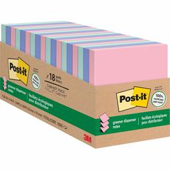 Post-it&reg; Greener Dispenser Notes - 3" Flag/Note Width x 3" Flag/Note Length - Square - 100 Sheets per Pad - Positively Pink, Fresh Mint, Moonstone - Paper - Self-stick, Removable, Recyclable, Pop-