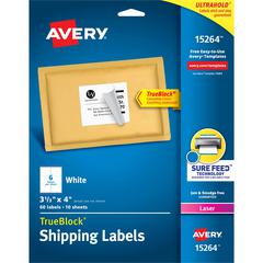 Avery&reg; Shipping Labels, Sure Feed, 3-1/3" x 4" , 60 White Labels (15264) - 3 21/64" Widthss x 4" Length - Permanent Adhesive - Rectangle - Inkjet, Laser - Matte - White - Paper - 6 / Sheet - 10 To