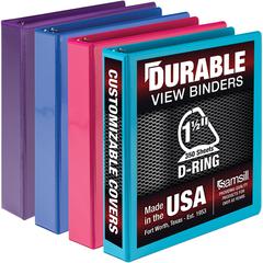 Samsill Durable View Binders - 1 1/2" Binder Capacity - 350 Sheet Capacity - Fastener: D-Ring - Chipboard, Polypropylene - Assorted - Recycled - Clear Overlay, Durable, Non-glare, PVC-free, Non-stick,