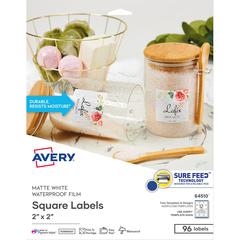 Avery&reg; Durable Waterproof Labels, 2" x 2" Square, 96 Total - Waterproof - x 2" Width x 2" Length - Full Sheet - Permanent Adhesive - Square - Inkjet, Laser - Matte - White - Film - 12 / Sheet - 8 