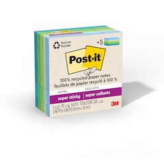 Post-it&reg; Super Sticky Adhesive Note - 350 - 3" Flag/Note Width x 3" Flag/Note Length - Square - 70 Sheets per Pad - Assorted Oasis - Removable, Repositionable, Recyclable - Recycled - 5 / Pack