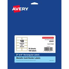 Avery&reg; Labels with Metallic Gold Borders, 2" x 4" , 100 (6541) - 2" Width x 4" Length - Permanent Adhesive - Rectangle - Inkjet, Laser - Matte - White - Metallic Gold Border - Paper - 10 / Sheet -