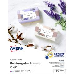 Avery&reg; Glossy White Labels, 2" x 3" , 80 Labels (22890) - 2" Height x 3" Width - Permanent Adhesive - Rectangle - Gloss White - 8 / Sheet - 80 / Pack