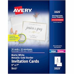 Avery&reg; Invitation Cards with Metallic Gold Borders - 5" Width x 7" Length - Rectangle - Inkjet, Laser - Matte - Matte White - Gold Border - Paper, Card Stock - 15 / Sheet - 2 Total Sheets - 30 / P