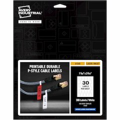 Avery&reg; Cable Labels, P-Style, 1.02" x 3.3" , 300 Total (61540) - Waterproof - 1 1/64" Width x 3 19/64" Length - Permanent Adhesive - P-shaped - Laser, Inkjet - White - Film - 30 / Sheet - 10 Total