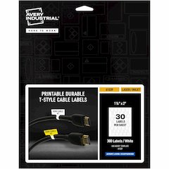 Avery&reg; Cable Labels, T-Style, 1.25" x 2" , 300 Total (61539) - Waterproof - 1 1/4" Width x 2" Length - Permanent Adhesive - T-shaped - Inkjet, Laser - White - Film - 30 / Sheet - 10 Total Sheets -