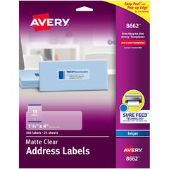 Avery&reg; Easy Peel Inkjet Printer Mailing Labels - 1 21/64" Width x 4" Length - Permanent Adhesive - Rectangle - Inkjet - Matte - Clear - Film - 14 / Sheet - 25 Total Sheets - 350 Total Label(s) - 3