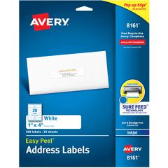 Avery&reg; Easy Peel White Inkjet Mailing Labels - 1" Width x 4" Length - Permanent Adhesive - Rectangle - Inkjet - White - Paper - 20 / Sheet - 25 Total Sheets - 500 Total Label(s) - 500 / Pack