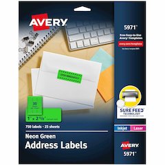Avery&reg; Address Label - x 1" Width x 2 5/8" Length - Permanent Adhesive - Rectangle - Laser, Inkjet - Matte - Neon Green - Paper - 30 / Sheet - 25 Total Sheets - 750 Total Label(s) - For Label Prin