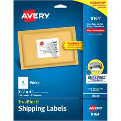 Avery&reg; Shipping Labels, Sure Feed, 3-1/3" x 4" , 150 White Labels (8164) - 3 21/64" Width x 4" Length - Permanent Adhesive - Rectangle - Inkjet - Matte - White - Paper - 6 / Sheet - 25 Total Sheet