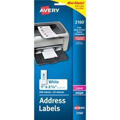 Avery&reg; Mini-Sheets Address Label - 1" Width x 2 5/8" Length - Permanent Adhesive - Rectangle - Laser, Inkjet - White - Paper - 8 / Sheet - 25 Total Sheets - 200 Total Label(s) - 1