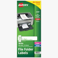 Avery Mini-Sheets File Folder Labels, 2/3" x 3-7/16" , 300ct (2181) - x 21/32" Width x 3 7/16" Length - Permanent Adhesive - Rectangle - Laser, Inkjet - Matte - White - Paper - 12 / Sheet - 25 Total S