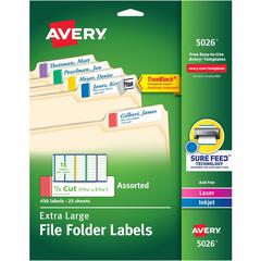 Avery&reg; Extra-Large File Folder Labels - 15/16" Width x 3 7/16" Length - Permanent Adhesive - Rectangle - Laser, Inkjet - Blue, Green, Purple, Red, Yellow - Paper - 18 / Sheet - 25 Total Sheets - 4