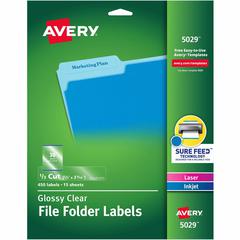 Avery&reg; Clear Top Tab Filing Labels - 2/3" Width x 3 7/16" Length - Permanent Adhesive - Rectangle - Inkjet, Laser - Glossy - Clear - Film - 30 / Sheet - 15 Total Sheets - 450 Total Label(s) - 450 