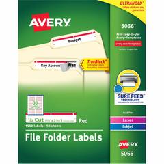 Avery&reg; TrueBlock File Folder Labels - 2/3" Width x 3 7/16" Length - Permanent Adhesive - Rectangle - Inkjet, Laser - Matte - Red - Paper - 30 / Sheet - 50 Total Sheets - 1500 Total Label(s) - 1500