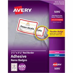 Avery&reg; Name Badge Label - 2 21/64" Width x 3 3/8" Length - Removable Adhesive - Rectangle - Laser, Inkjet - White, Red - Film - 8 / Sheet - 50 Total Sheets - 400 Total Label(s) - 400 / Box
