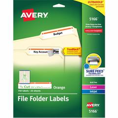 Avery&reg; TrueBlock File Folder Labels - 2/3" Width x 3 7/16" Length - Permanent Adhesive - Rectangle - Inkjet, Laser - Matte - Orange - Paper - 30 / Sheet - 25 Total Sheets - 750 Total Label(s) - 75