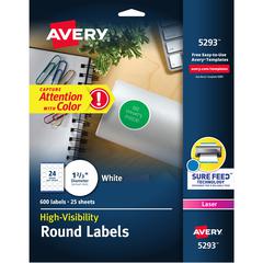 Avery&reg; Round High Visibility Labels - 1 21/32" Diameter - Permanent Adhesive - Round - Laser, Inkjet - White - Paper - 24 / Sheet - 25 Total Sheets - 600 Total Label(s) - 600 / Pack
