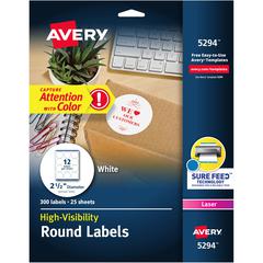 Avery&reg; Round High Visibility Labels - 2 1/2" Diameter - Permanent Adhesive - Round - Laser, Inkjet - Matte - White - Paper - 12 / Sheet - 25 Total Sheets - 300 Total Label(s) - 300 / Pack