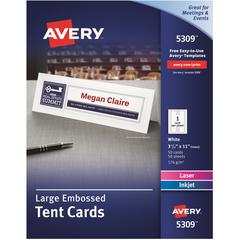 Avery&reg; Large Tent Cards for Laser and Inkjet Printers, 3½" x 11" - 97 Brightness - 3 1/2" x 11" - 50 / Box - Perforated, Heavyweight, Rounded Corner, Smudge-free, Jam-free, Embossed - White