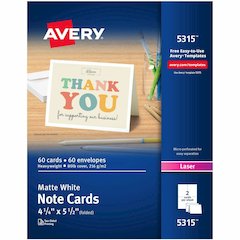 Avery&reg; Printable Note Cards, Two-Sided Printing, 4-1/4" x 5-1/2" , 60 Cards (5315) - 97 Brightness - 4 1/4" x 5 1/2" - 1 / Box - Perforated, Heavyweight, Rounded Corner, Jam-free, Smudge-free - Wh