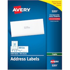 Avery&reg; Copier Address Labels - 1" Width x 2 13/16" Length - Permanent Adhesive - Rectangle - Matte - White - Paper - 33 / Sheet - 100 Total Sheets - 3300 Total Label(s) - 3300 / Box