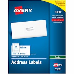 Avery&reg; Copier Address Labels - 1 1/2" Width x 2 13/16" Length - Permanent Adhesive - Rectangle - Matte - White - Paper - 21 / Sheet - 100 Total Sheets - 2100 Total Label(s) - 2100 / Box