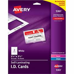 Avery&reg; Self-laminating ID Cards - 2" Width x 3.3" Height - Self Sticking - Laminated, Perforated, Printable, Durable, Perforated, Self-adhesive - Card, Tile - Card Stock - White - 30 / Box