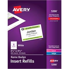 Avery&reg; Laser/Inkjet Badge Insert Refills - x 2 1/4" Width x 3 1/2" Length - Insert - Inkjet, Laser - White - Card Stock - 8 / Sheet - 50 Total Sheets - 400 Total Label(s) - 400 / Box