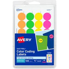 Avery&reg; Color Coded Label - - Width3/4" Diameter - Removable Adhesive - Round - Laser - Neon Green, Neon Orange, Neon Red, Neon Yellow - Paper - 24 / Sheet - 42 Total Sheets - 1008 Total Label(s) -