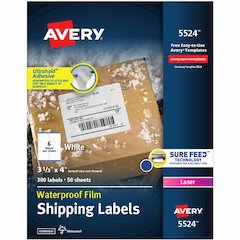 Avery Waterproof Labels, 3-1/3" x 4" , 300 Total (05524) - Waterproof - x 3 21/64" Width x 4" Length - Full Sheet - Permanent Adhesive - Rectangle - Laser - Matte - White - Film - 6 / Sheet - 50 Total