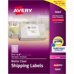 Avery&reg; Avery&reg; Clear Shipping Labels, Sure Feed, 3-1/3" x 4" 300 Labels (15664) - 3 21/64" Width x 4" Length - Permanent Adhesive - Rectangle - Laser - Matte - Clear - Film - 6 / Sheet - 50 Tot