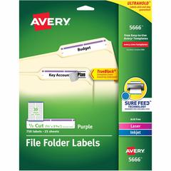 Avery&reg; TrueBlock File Folder Labels - 2/3" Width x 3 7/16" Length - Permanent Adhesive - Rectangle - Inkjet, Laser - Matte - Purple - Paper - 30 / Sheet - 25 Total Sheets - 750 Total Label(s) - 75