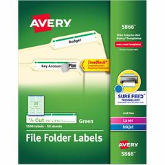 Avery&reg; TrueBlock File Folder Labels - 2/3" Width x 3 7/16" Length - Permanent Adhesive - Rectangle - Inkjet, Laser - Matte - Green - Paper - 30 / Sheet - 50 Total Sheets - 1500 Total Label(s) - 15